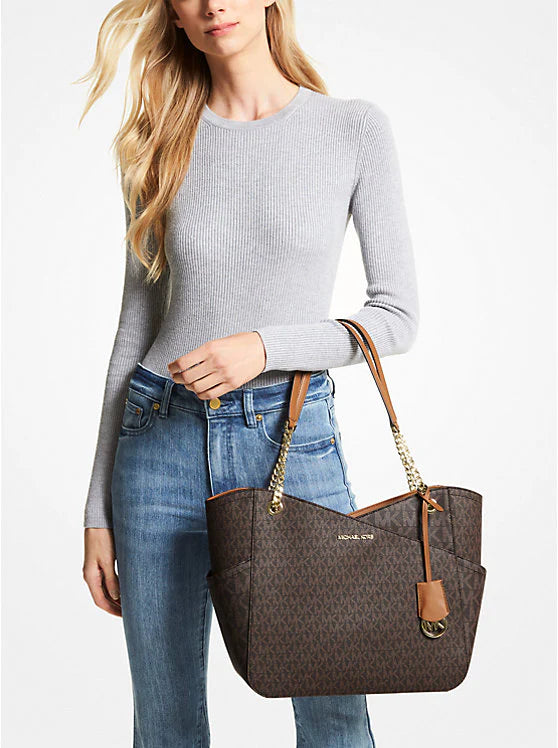 Michael Kors Large X Chain Shoulder Tote Brown Signature