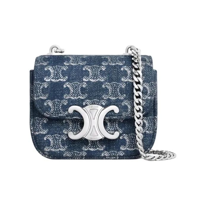 CELINE MINI CHAIN CLAUDE in DENIM WITH TRIOMPHE ALL-OVER