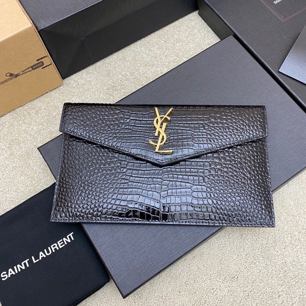 YSL uptown pouch in crocodile-embossed shiny leather